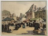 a painting of a group of people in a town square