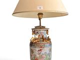 a lamp that is sitting on a table with a lamp shade on it