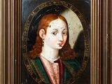 a painting of a woman with red hair and a green dress