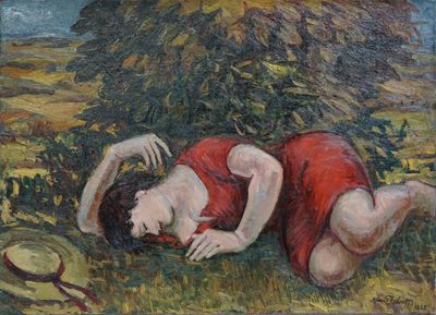 un tableau représentant une femme allongée par terre