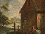 un tableau représentant deux hommes et un chien devant une maison