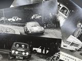 plusieurs photos en noir et blanc de vieilles voitures et de vieux camions dans un parking