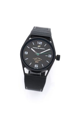 the watch is black and has a black face and black hands