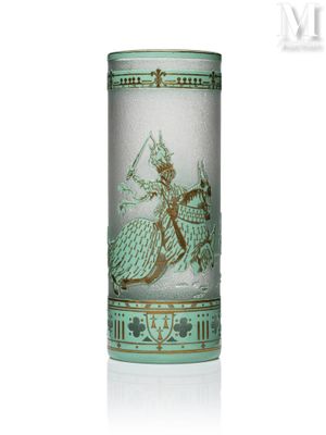 a glass vase with a picture of a woman on it