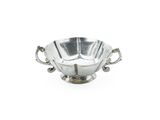 a silver bowl with handles on a white background