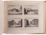 four pictures of buildings in a book on a table