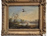 tableau représentant deux oiseaux volant au-dessus d'une rivière, avec un village en arrière-plan