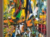 a painting of a painting of a cityscape with lots of different colors