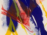 an image of a painting with blue, yellow, and red paint