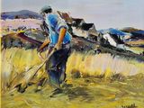 an oil painting of a man plowing a field with cows in the background