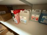 a shelf with several bottles of cleaning products on it