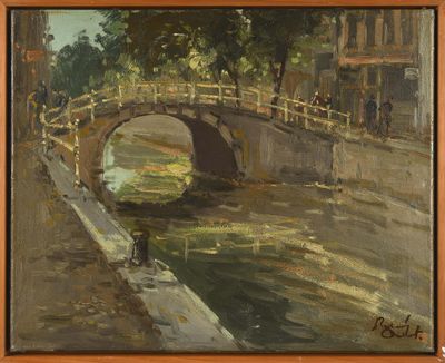 une peinture à l'huile représentant un pont enjambant une rivière dans une ville