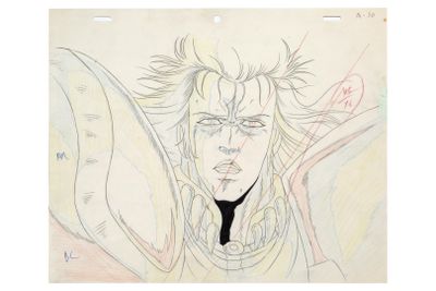 drawing of a man with long hair and a tie in front of a picture