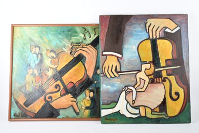 deux tableaux représentant un homme jouant du violon et une femme jouant du violon
