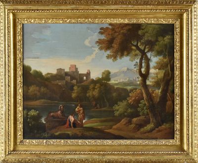 l'image d'un tableau représentant un paysage avec un château en arrière-plan