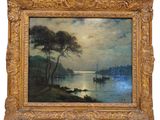 an oil painting of a landscape with boats in the water