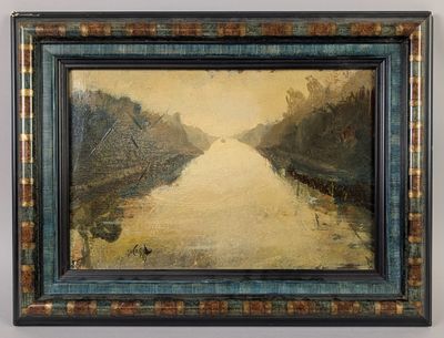 an oil painting of a river with trees in the background