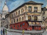 dessin représentant un tableau d'un coin de rue où des gens passent