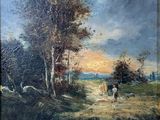 an oil painting of a landscape with cows and a stream