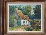 an oil painting of a white house with a thatched roof