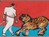 un tableau représentant un homme promenant un tigre avec une raquette de tennis