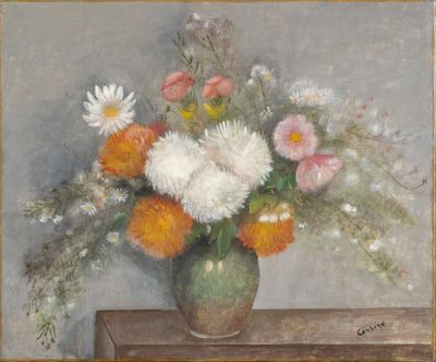 a painting of flowers in a vase on a table