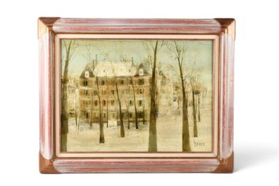une image représentant une peinture d'une maison sous la neige