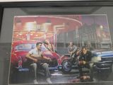painting of a group of people sitting on a bench in front of a red car