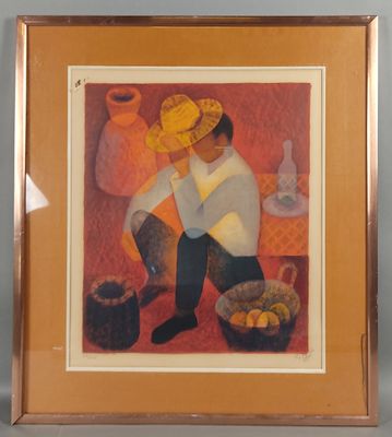tableau représentant un homme assis sur une chaise, avec un panier de fruits devant lui