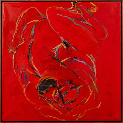 peinture abstraite représentant une femme en robe rouge sur fond rouge