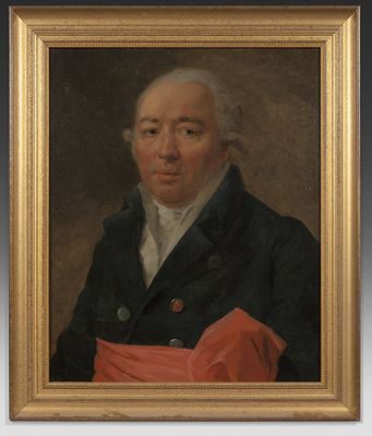 a painting of a man in a blue jacket and red shirt