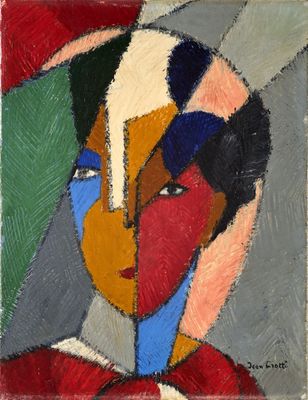 un tableau représentant une femme en robe rouge, coiffée d'une coiffe blanche
