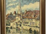 l'image d'un tableau représentant une ville avec un clocher d'église en arrière-plan