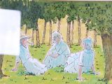 painting of a group of people sitting in the grass under a tree