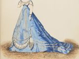 drawing of a woman in a blue dress with a fan on her head