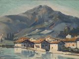 painting of a village by a river with a mountain in the background