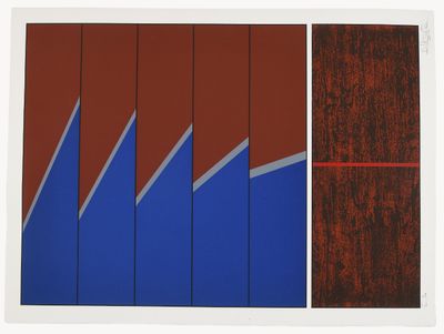 une image représentant un tableau rouge et bleu accroché à un mur blanc