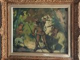 tableau représentant un homme à cheval accompagné d'un chien dans un environnement boisé