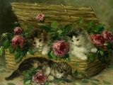 tableau représentant trois chatons dans un panier, avec des roses posées sur une table