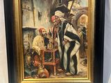an oil painting of a group of men standing around a table