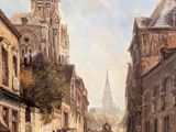 painting of a street scene with a church steeple in the background