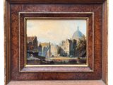 a painting of a view of a city with a church in the background