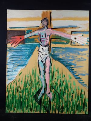 a painting of a person on a cross on a field