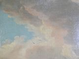 a painting of a boat in the water with a sky background