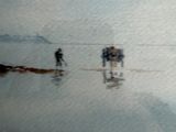 a picture of a painting of people walking on the beach