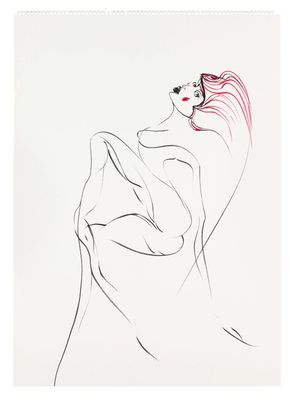 a drawing of a woman in a white dress with red hair