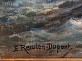 an oil painting of a ship in a stormy sea with a name written on it
