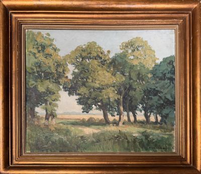 une peinture à l'huile d'un paysage avec des arbres dans un cadre doré