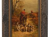 an oil painting of a man on a horse with a pack of dogs