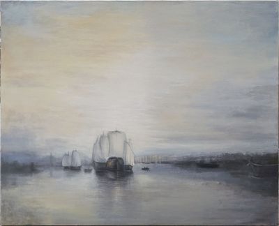 peinture représentant des bateaux sur un plan d'eau par temps nuageux